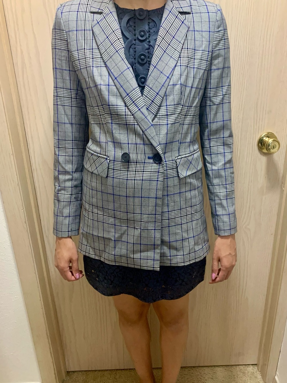 Halogen Gray Plaid Double-Breasted Blazer with Blue Windowpane SZ XS